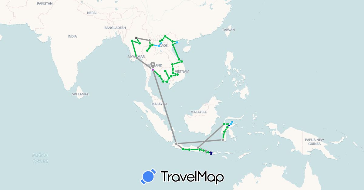 TravelMap itinerary: driving, bus, plane, train, boat, motorbike in Indonesia, Cambodia, Laos, Myanmar (Burma), Thailand, Vietnam (Asia)
